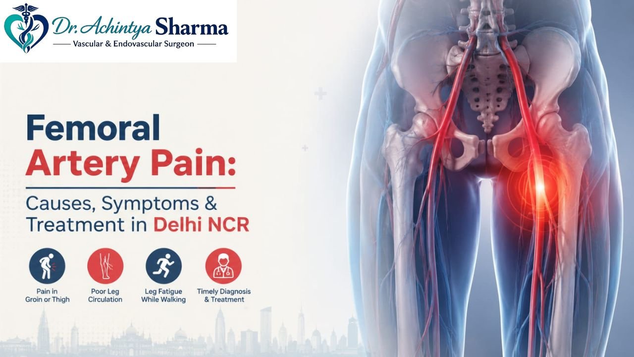 Home 3 Medical illustration showing femoral artery pain in the thigh with highlighted blood vessels and information about causes, symptoms, and treatment by Dr. Achintya Sharma, Vascular & Endovascular Surgeon, Delhi NCR.