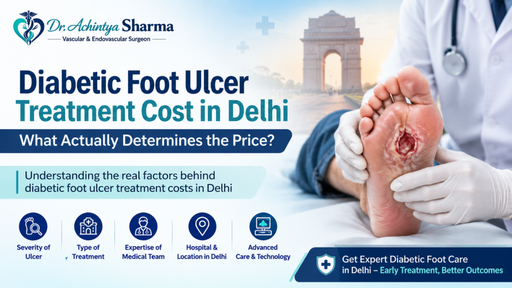 Diabetic foot ulcer treatment cost in Delhi, highlighting factors such as ulcer severity, treatment type, medical expertise, hospital location, and advanced care technology.