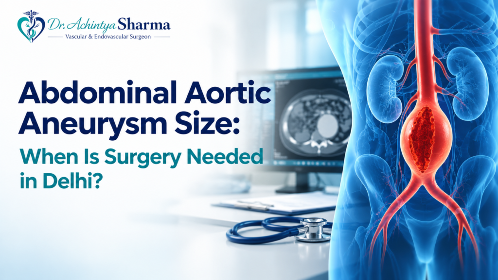 Medical banner showing an abdominal aortic aneurysm in the abdominal aorta, with the Dr. Achintya Sharma logo and vascular surgery theme.