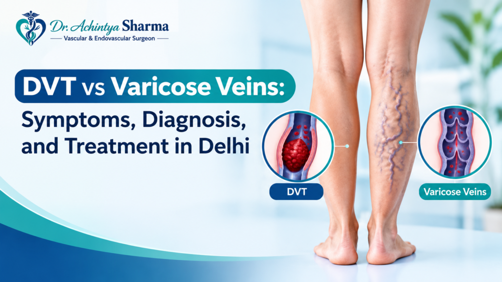 DVT vs varicose veins infographic showing leg vein conditions, blood clot illustrations, and a comparison of deep vein thrombosis and varicose veins by Dr. Achintya Sharma.