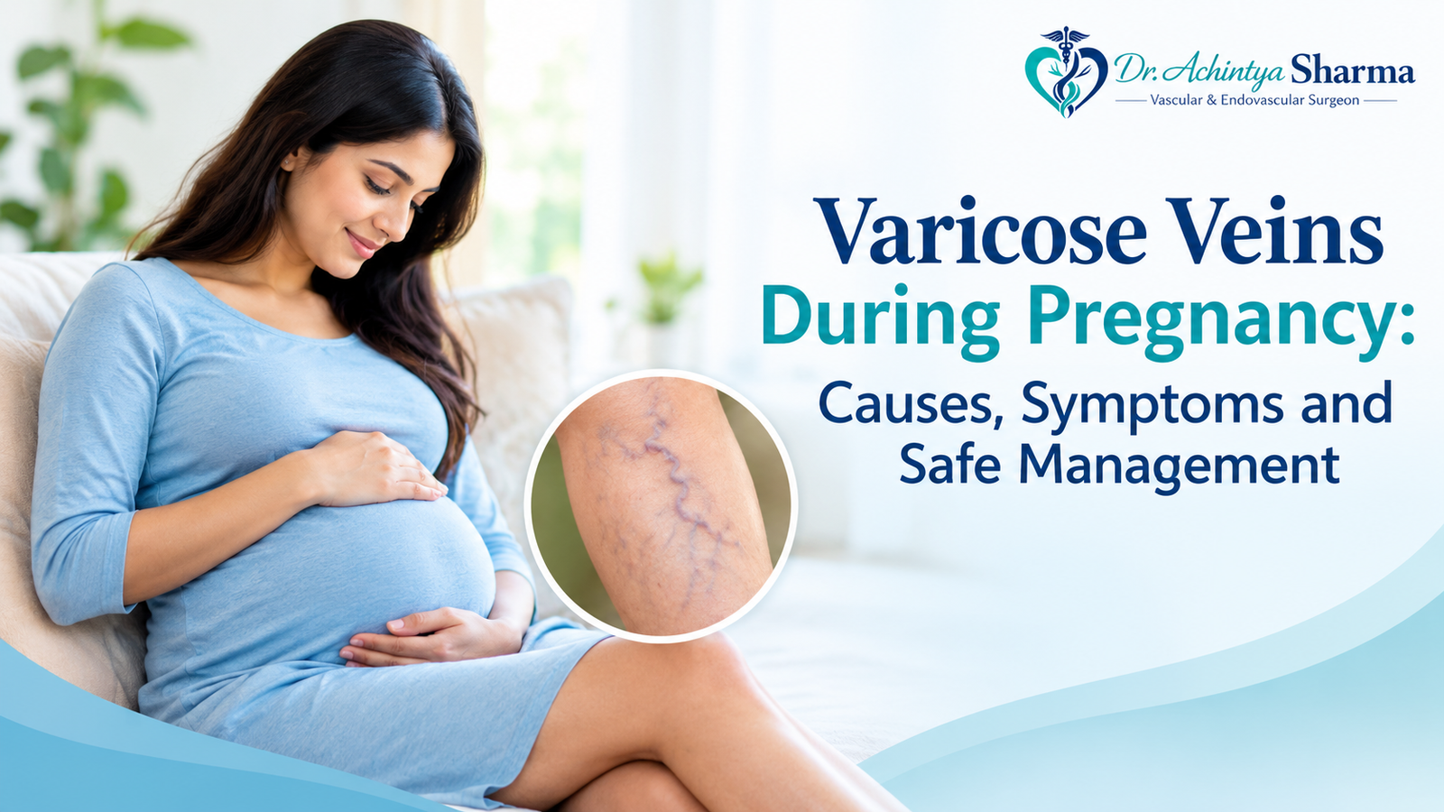 Pregnant woman sitting comfortably with a visual of varicose veins on the leg, illustrating varicose veins during pregnancy.